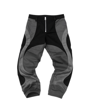Black and gray pants with a zipper on a white background