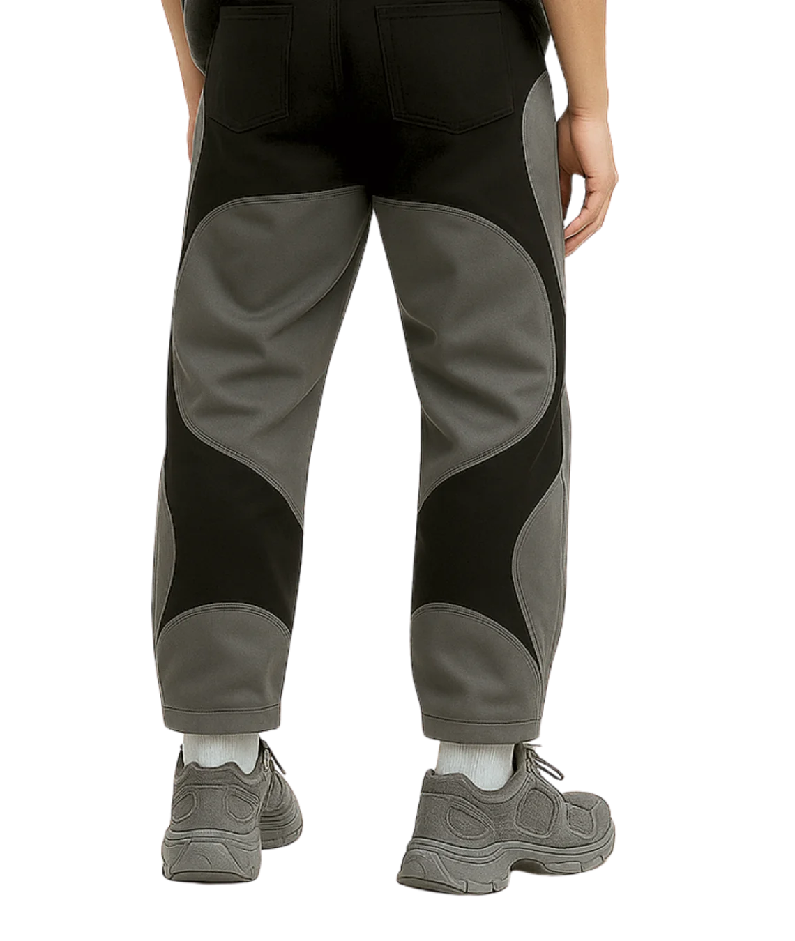 Dark gray pants worn by a person on a transparent background