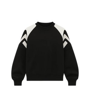 Black sweater with white arm stripes on a white background