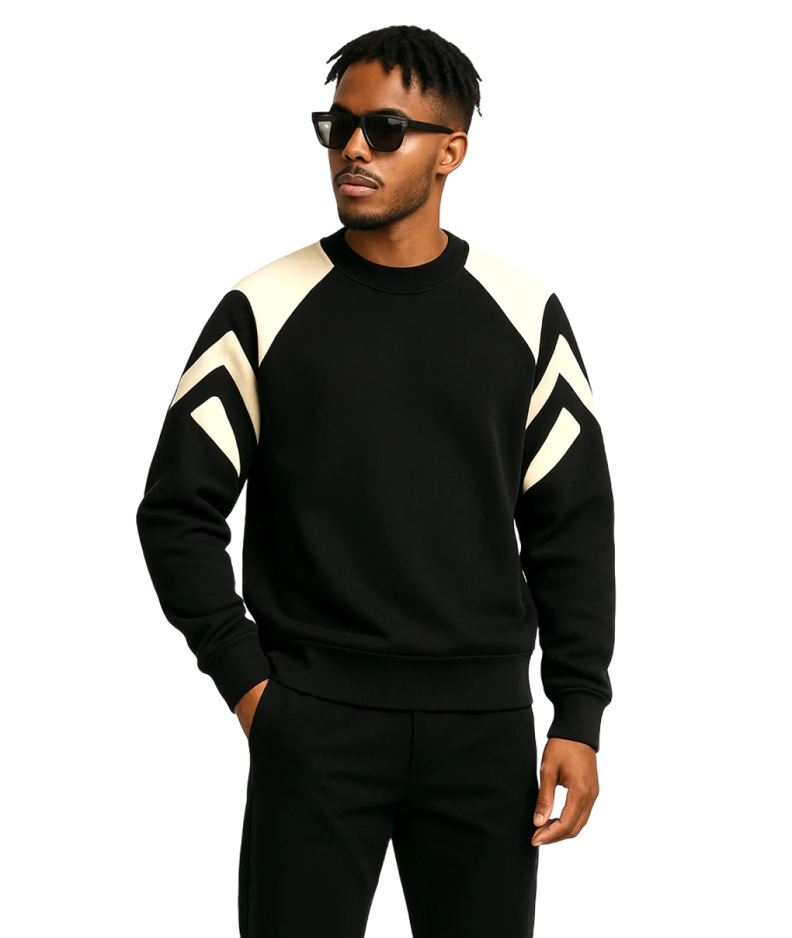 Man wearing a black and white striped sweater on a white background