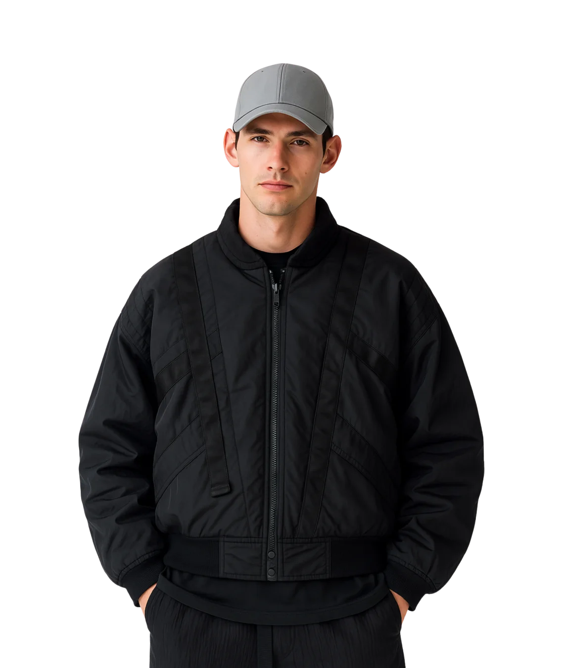 Man wearing a black jacket and cap on a transparent background