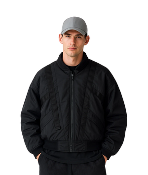Man wearing a black jacket and cap on a transparent background