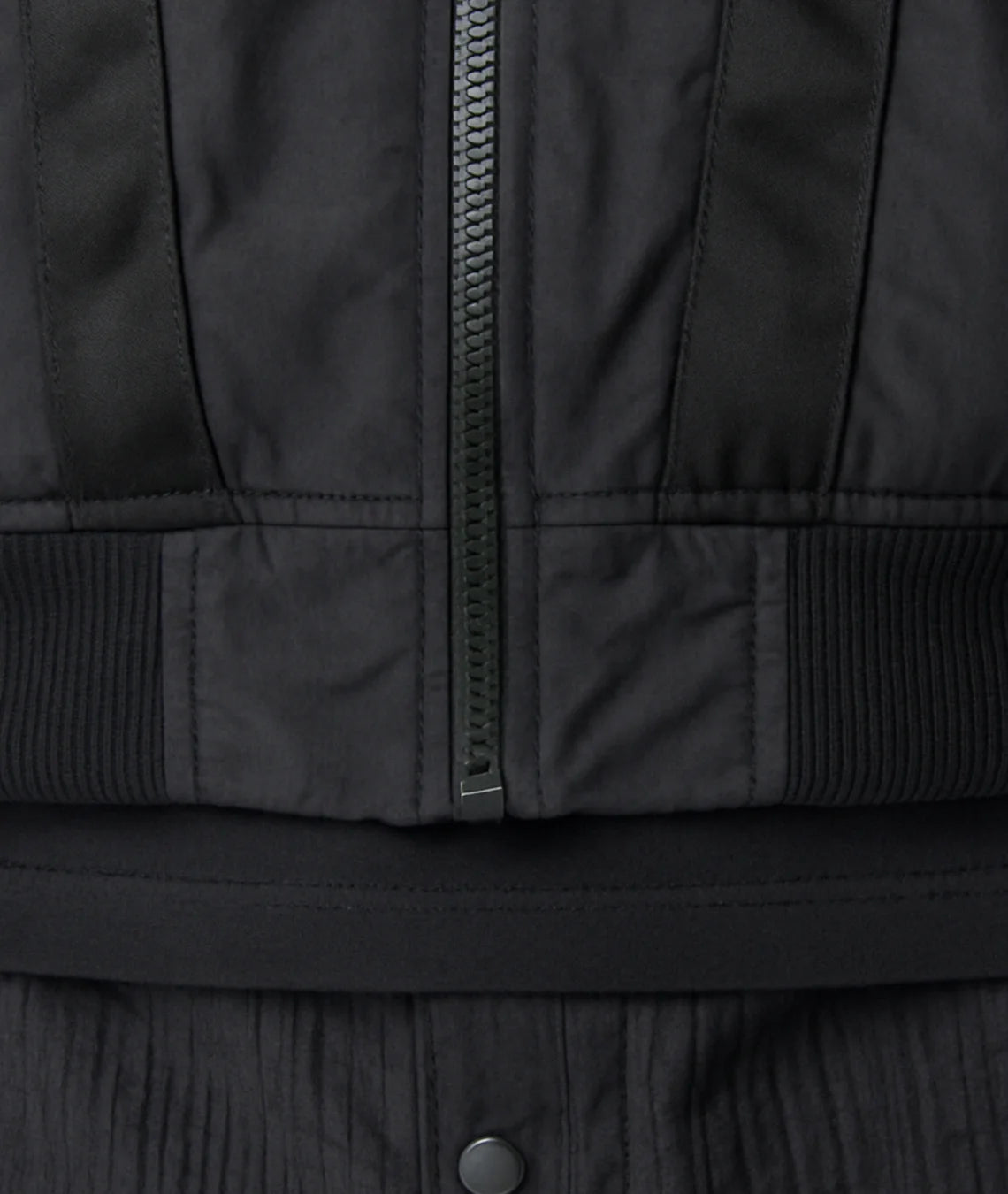 Close-up of a black jacket with a zipper and button detail.