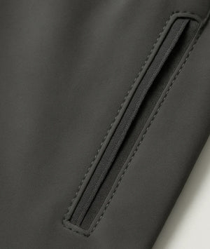 Close-up of a black jacket with a zipper detail on a white background