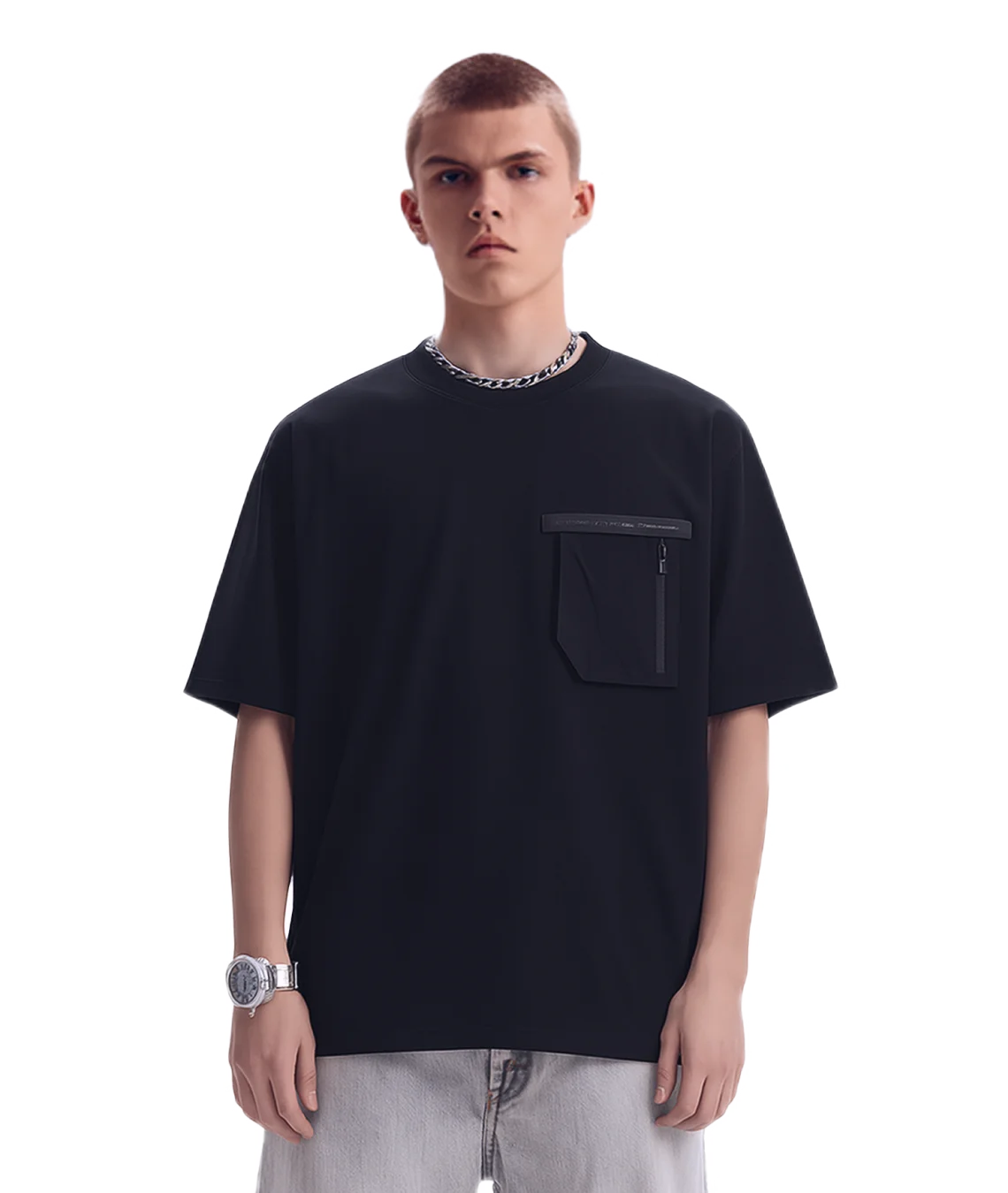 Person wearing a black t-shirt with a pocket on a white background