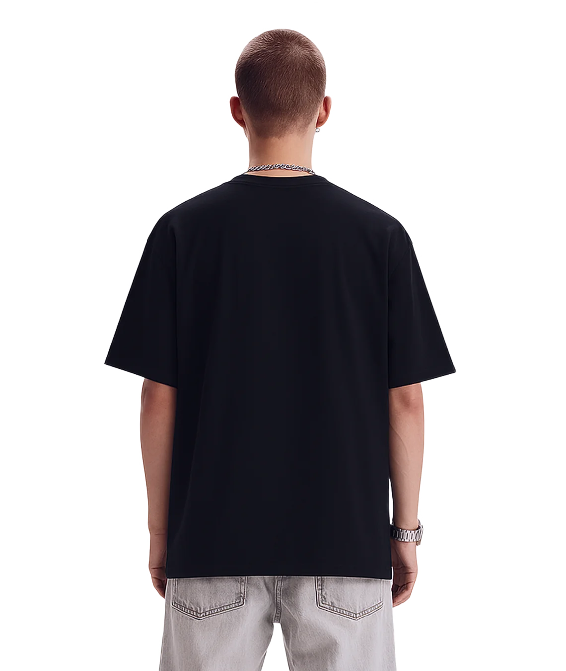 Person wearing a black t-shirt on a white background
