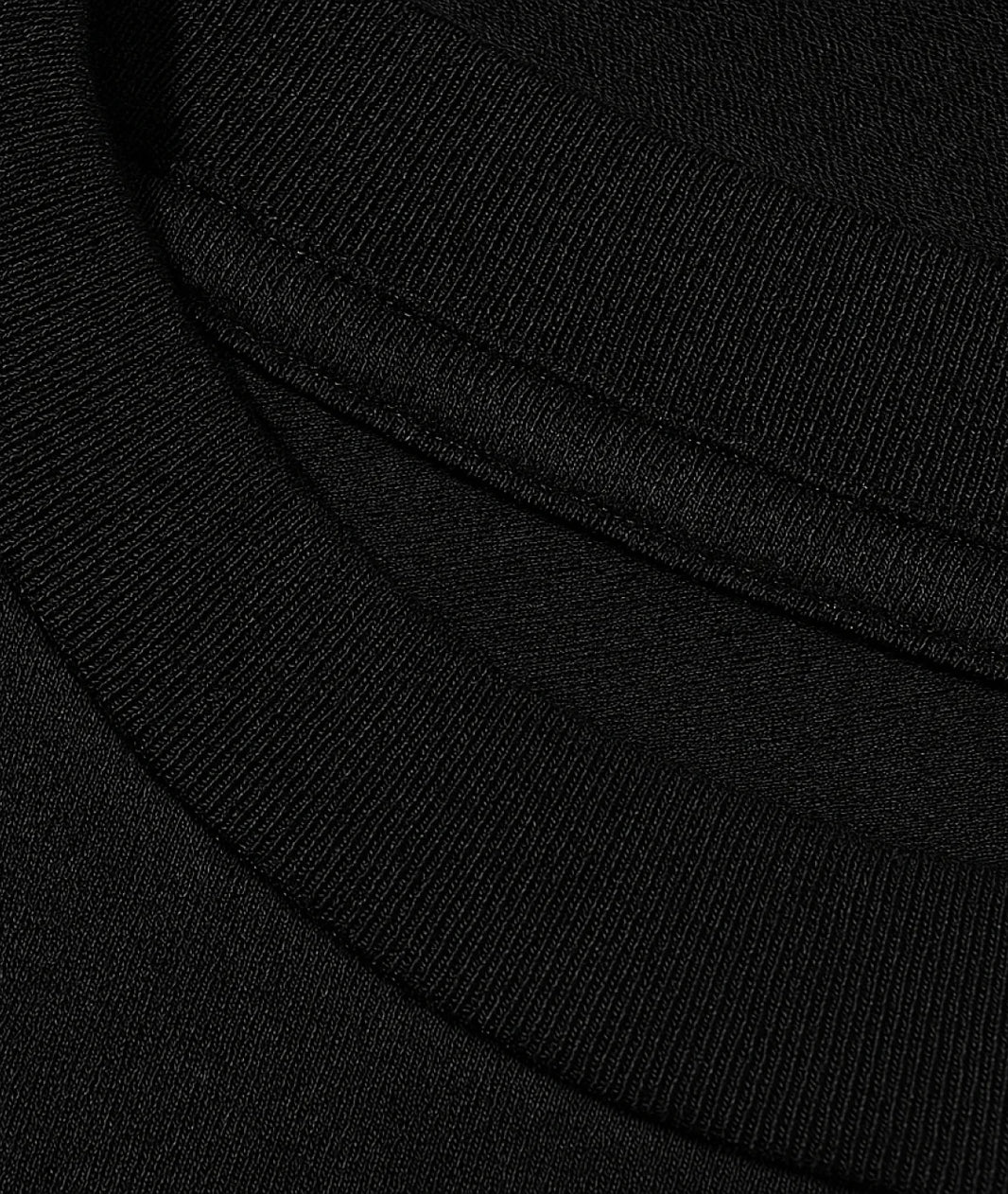 Close-up of a black hoodie with a focus on the neckline.