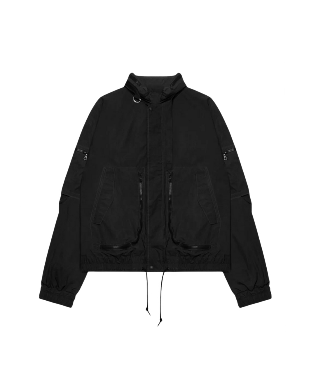 Black jacket with multiple pockets on a white background
