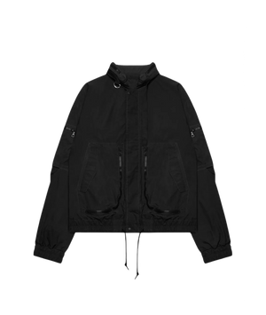 Black jacket with multiple pockets on a white background