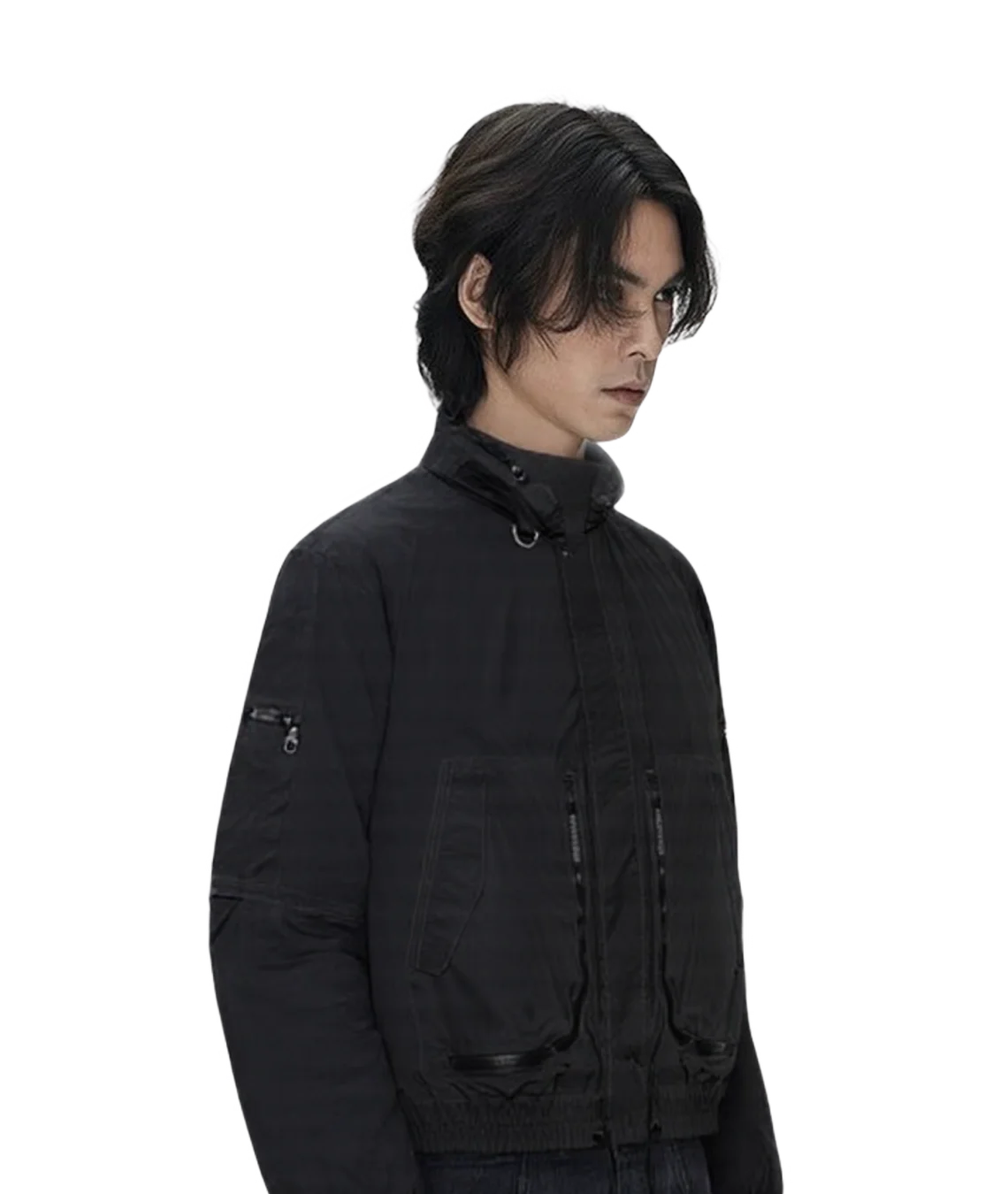 Person wearing a black jacket on a transparent background