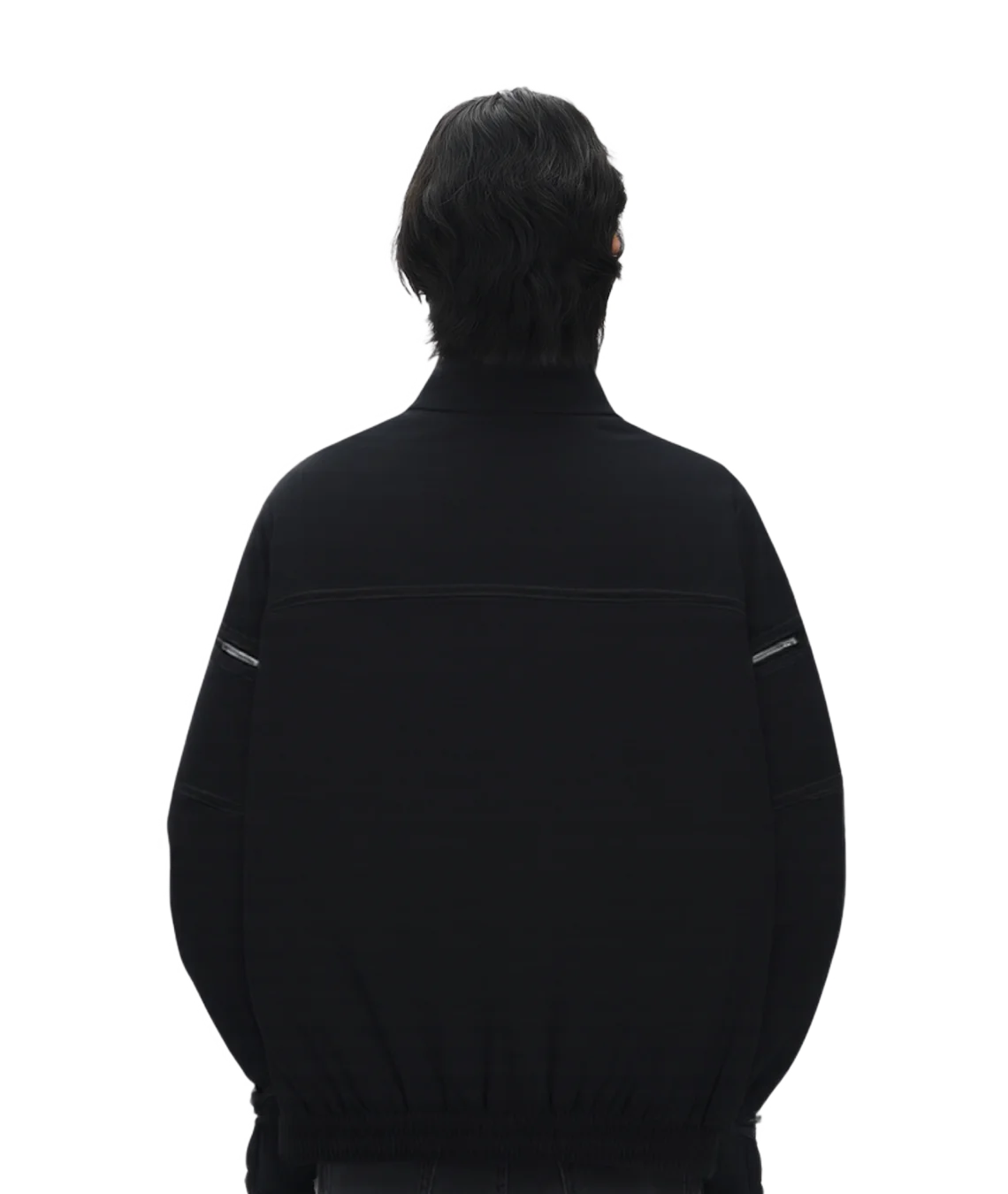 Person wearing a black jacket on a white background