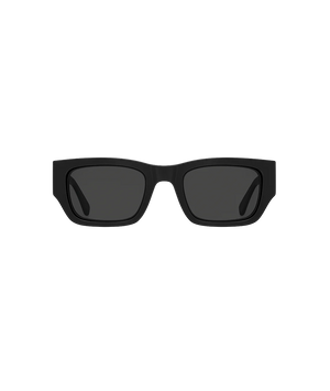 Matte black square sunglasses with dark lenses, shown from a front-facing perspective on a solid white background.