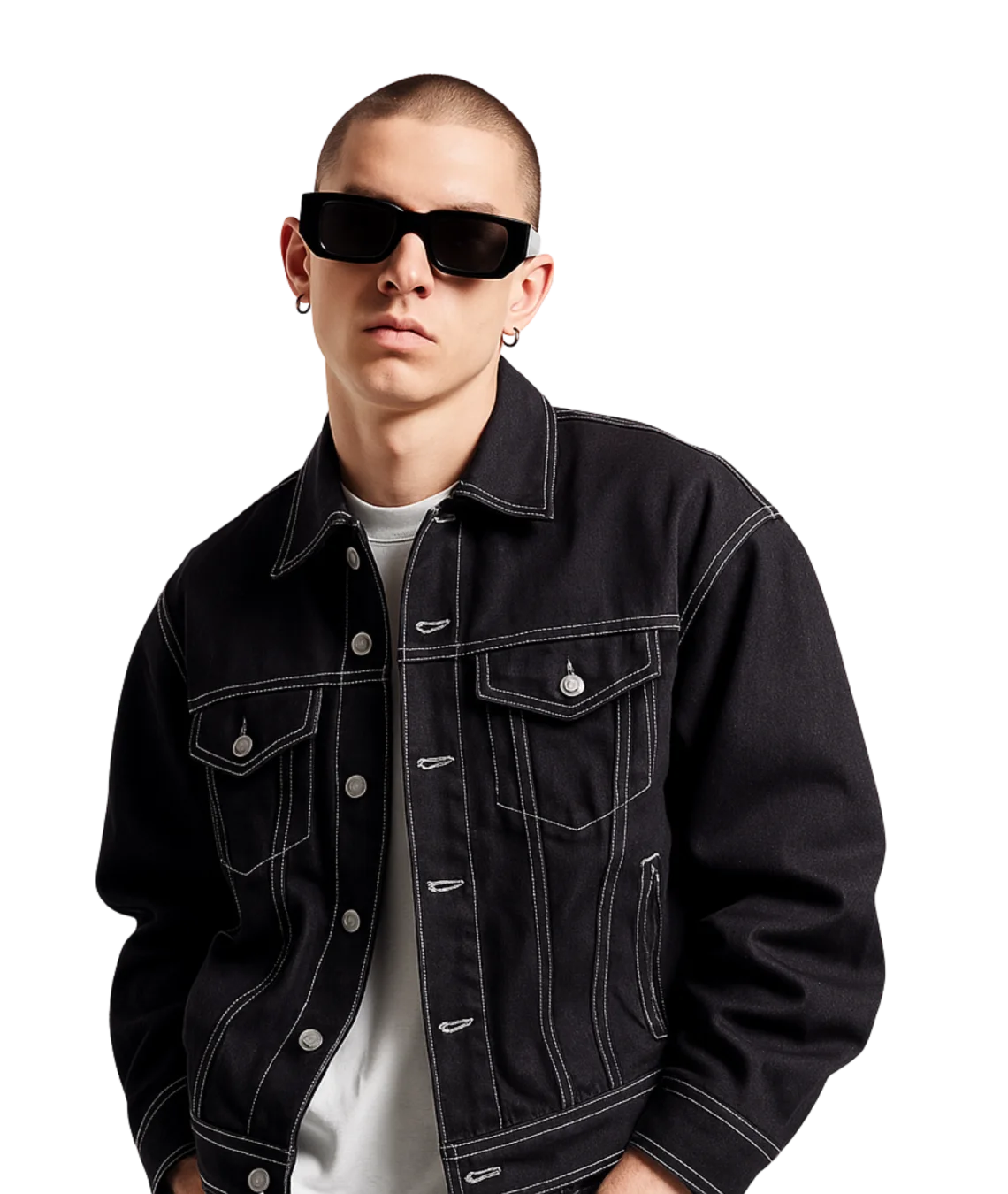 A man wearing a black denim trucker jacket with white contrast stitching, black sunglasses, and a white t-shirt, photographed against a solid white background.
