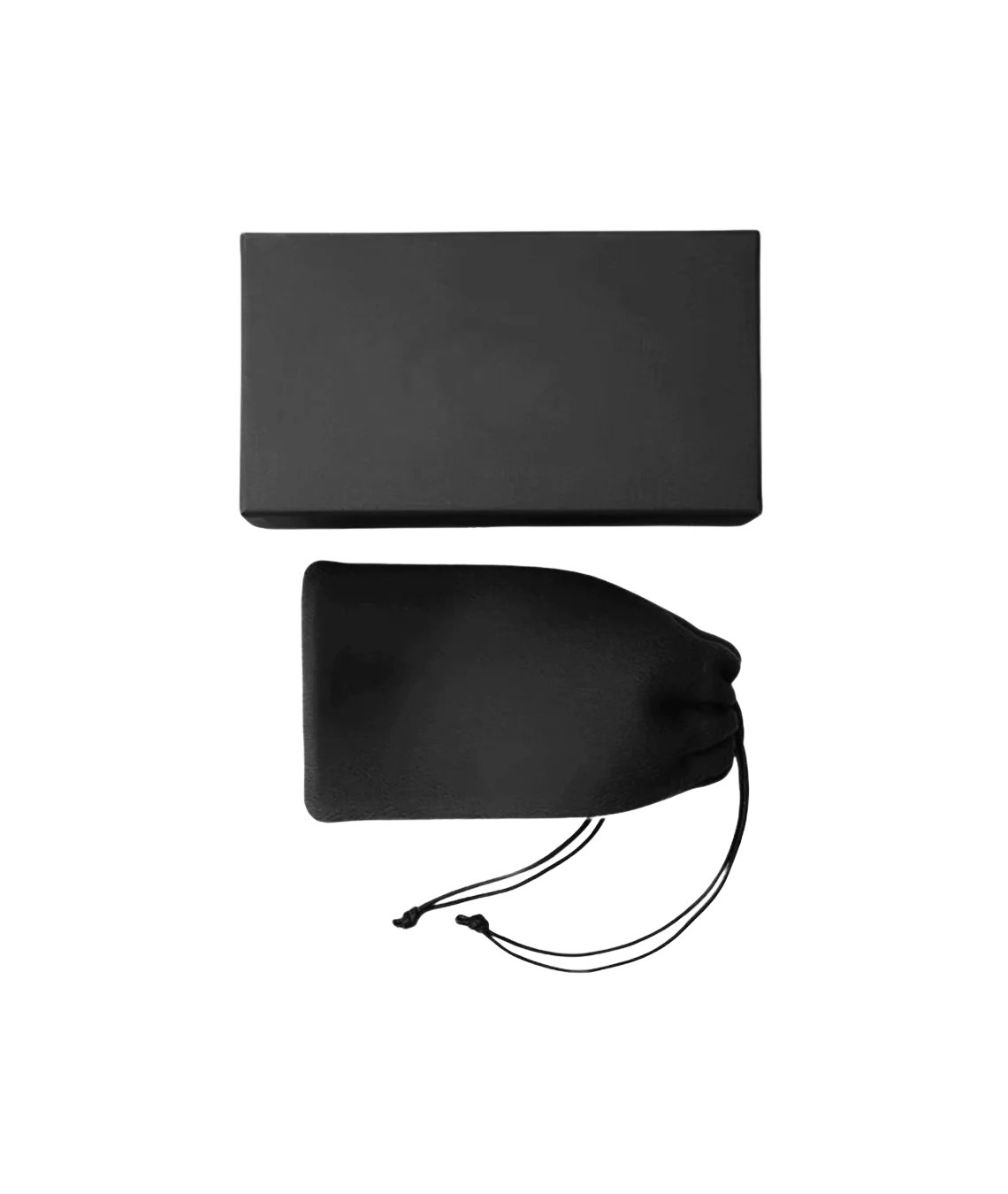 A black rectangular hard case shown above a matching black drawstring pouch on a plain white background.