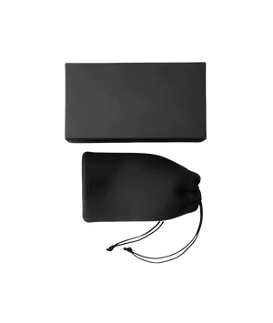 A black rectangular hard case shown above a matching black drawstring pouch on a plain white background.