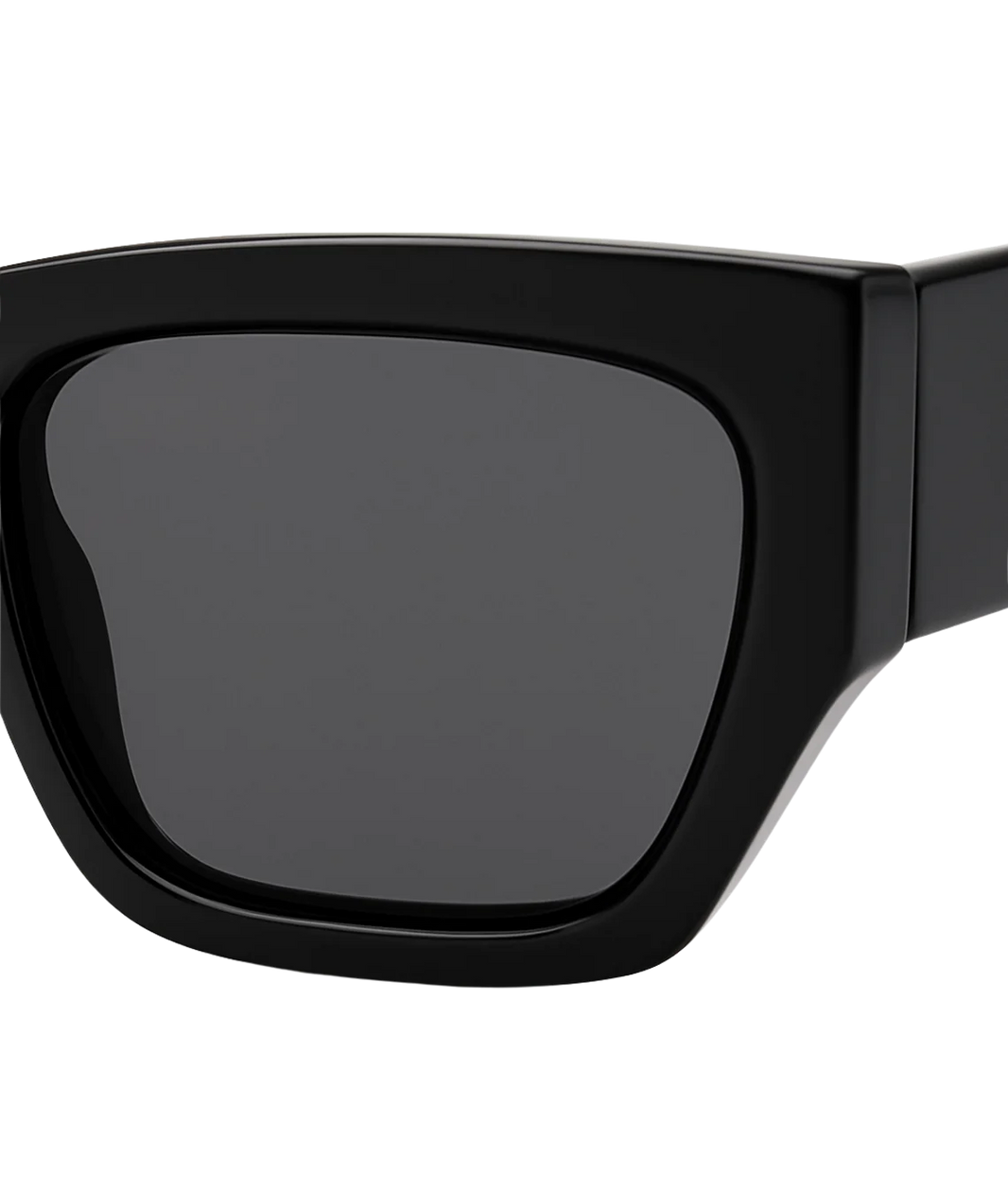 Close-up of a black oversized square sunglasses frame with dark gray lenses on a white background.