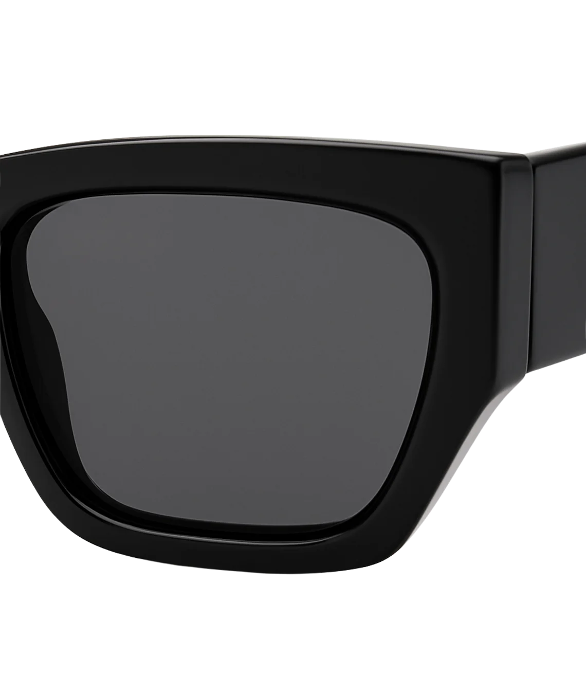 Close-up of a black oversized square sunglasses frame with dark gray lenses on a white background.