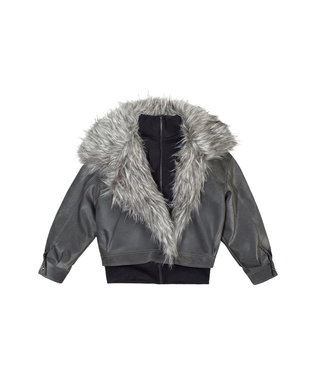 Gray jacket with fur hood on a white background