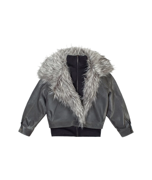 Gray jacket with fur hood on a white background