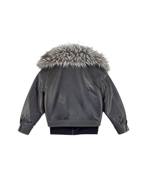 Gray jacket with fur hood on a white background