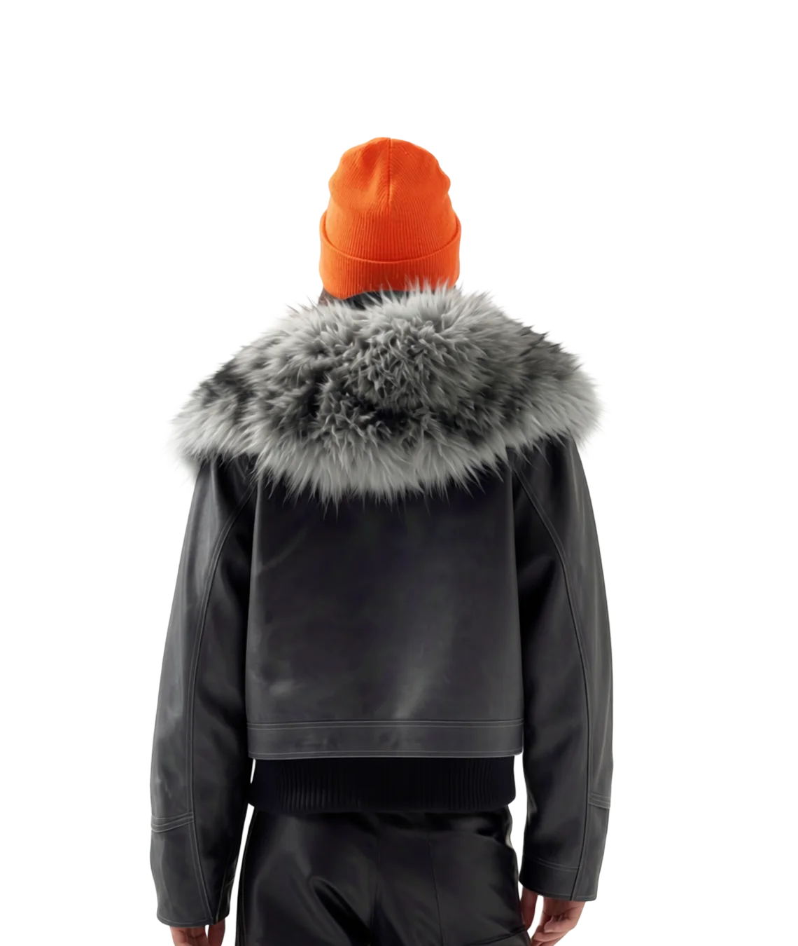 Person wearing a dark jacket with a fur-lined hood and an orange beanie on a white background