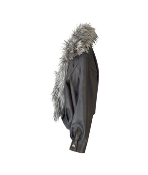 Gray jacket with fur hood on a white background