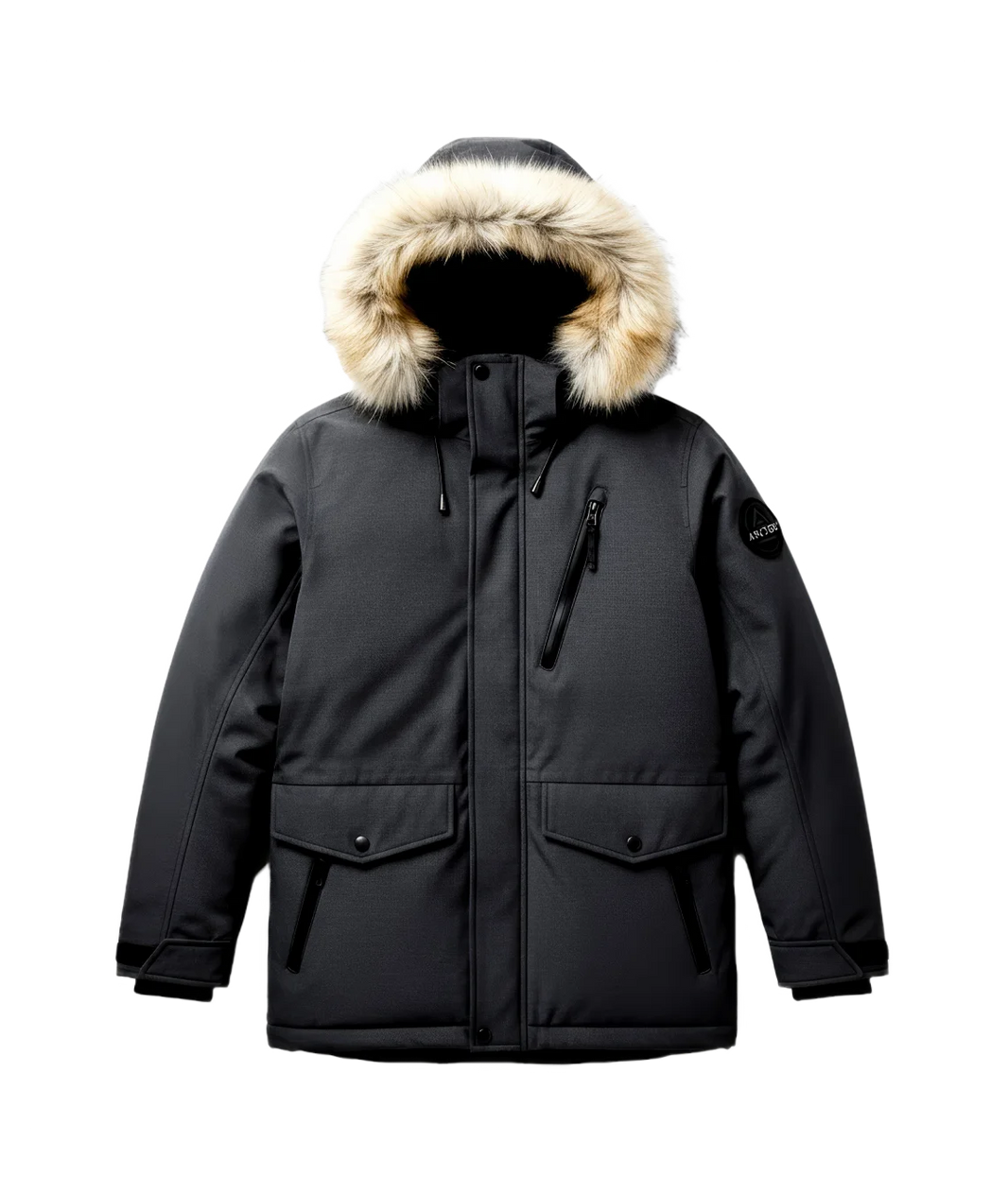 Black parka with fur-lined hood on a white background