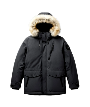 Black parka with fur-lined hood on a white background