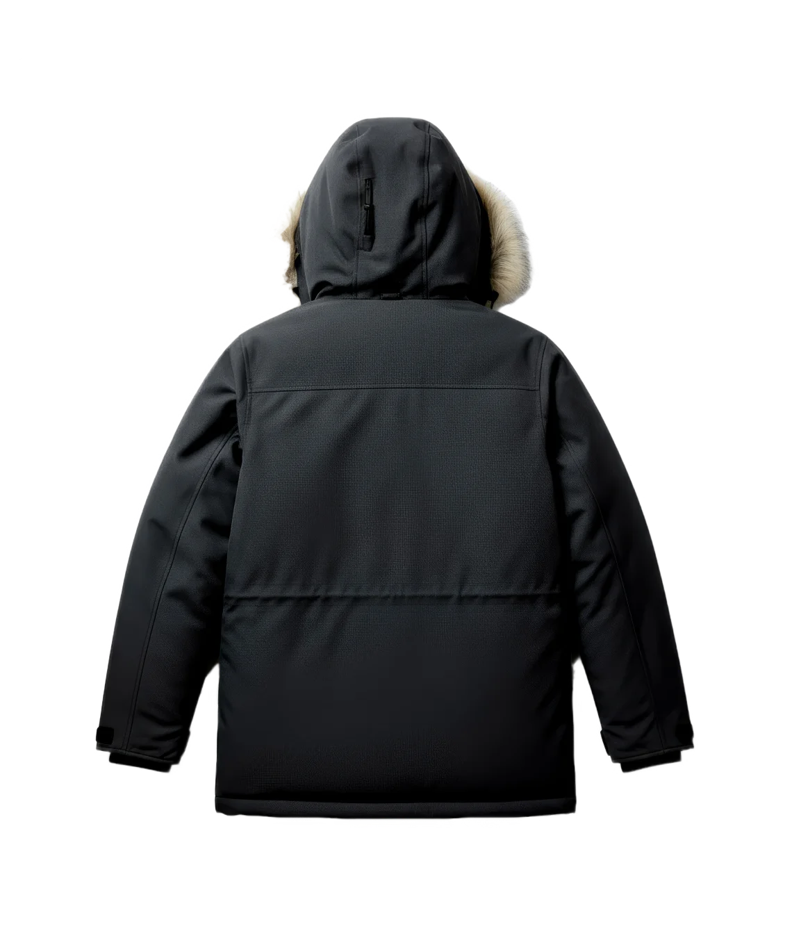 Black winter jacket with fur-lined hood on a white background