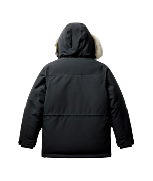 Black winter jacket with fur-lined hood on a white background