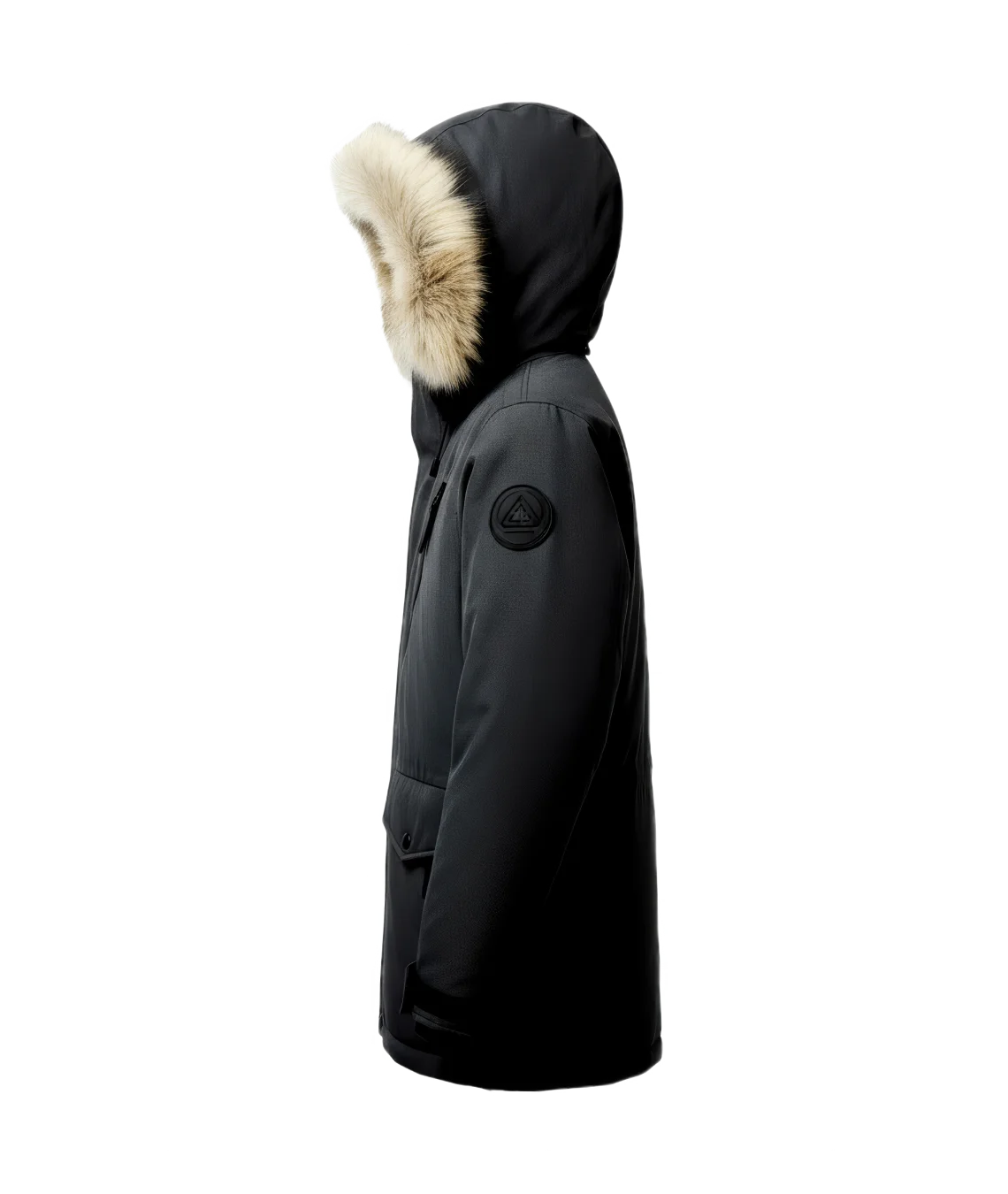 Black parka coat with fur-lined hood on a white background