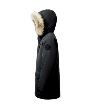 Black parka coat with fur-lined hood on a white background