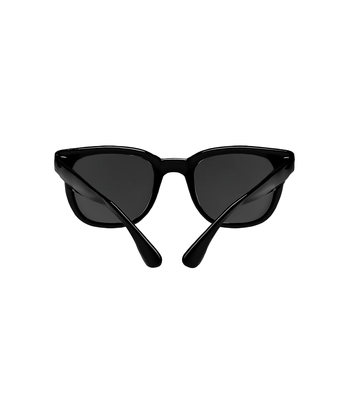Black sunglasses with a thick, rounded square frame and dark lenses, shown from the front on a solid white background.