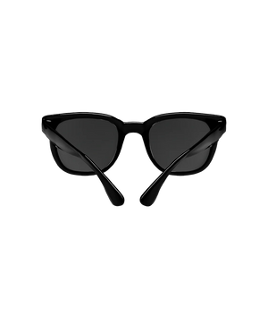 Black sunglasses with a thick, rounded square frame and dark lenses, shown from the front on a solid white background.