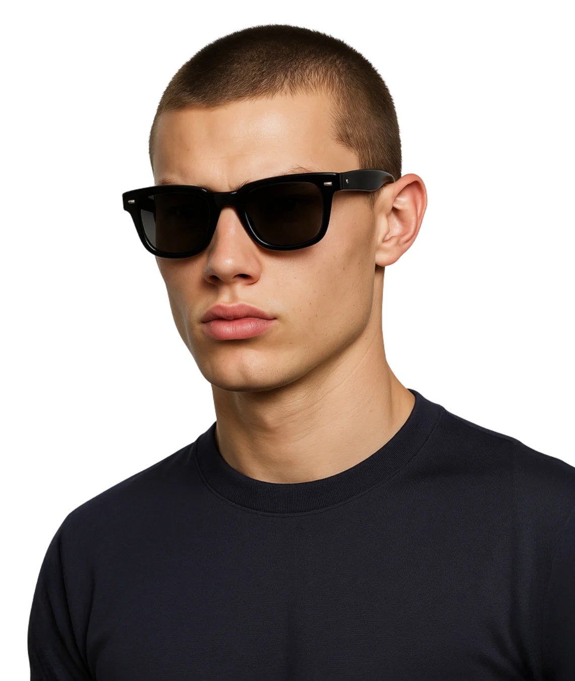 Man wearing black sunglasses and a black shirt on a white background