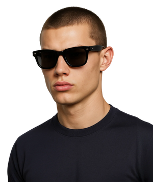 Man wearing black sunglasses and a black shirt on a white background
