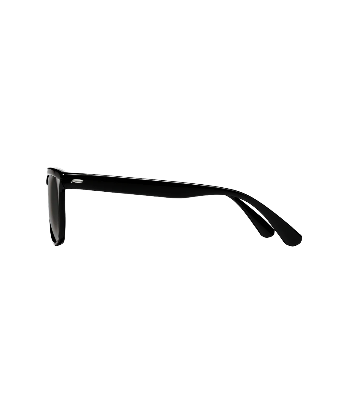 A pair of black square-frame sunglasses shown in a side profile view against a solid white background.