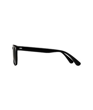 A pair of black square-frame sunglasses shown in a side profile view against a solid white background.