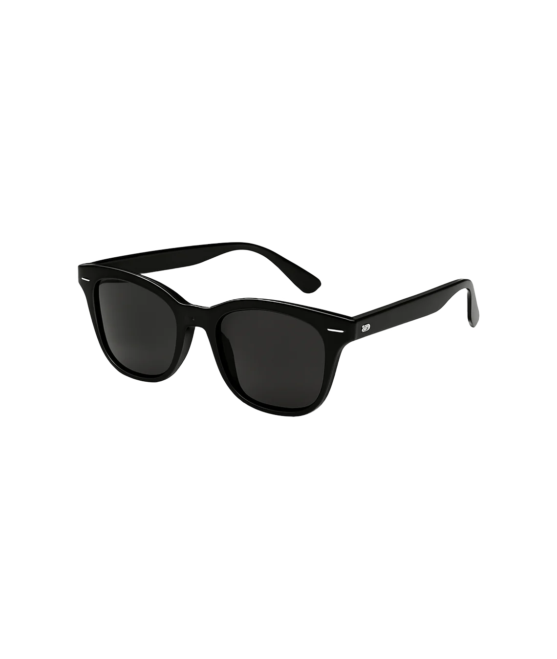 Black sunglasses with a classic wayfarer-inspired frame and dark lenses, shown at a three-quarter angle on a plain white background.