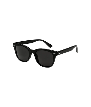 Black sunglasses with a classic wayfarer-inspired frame and dark lenses, shown at a three-quarter angle on a plain white background.