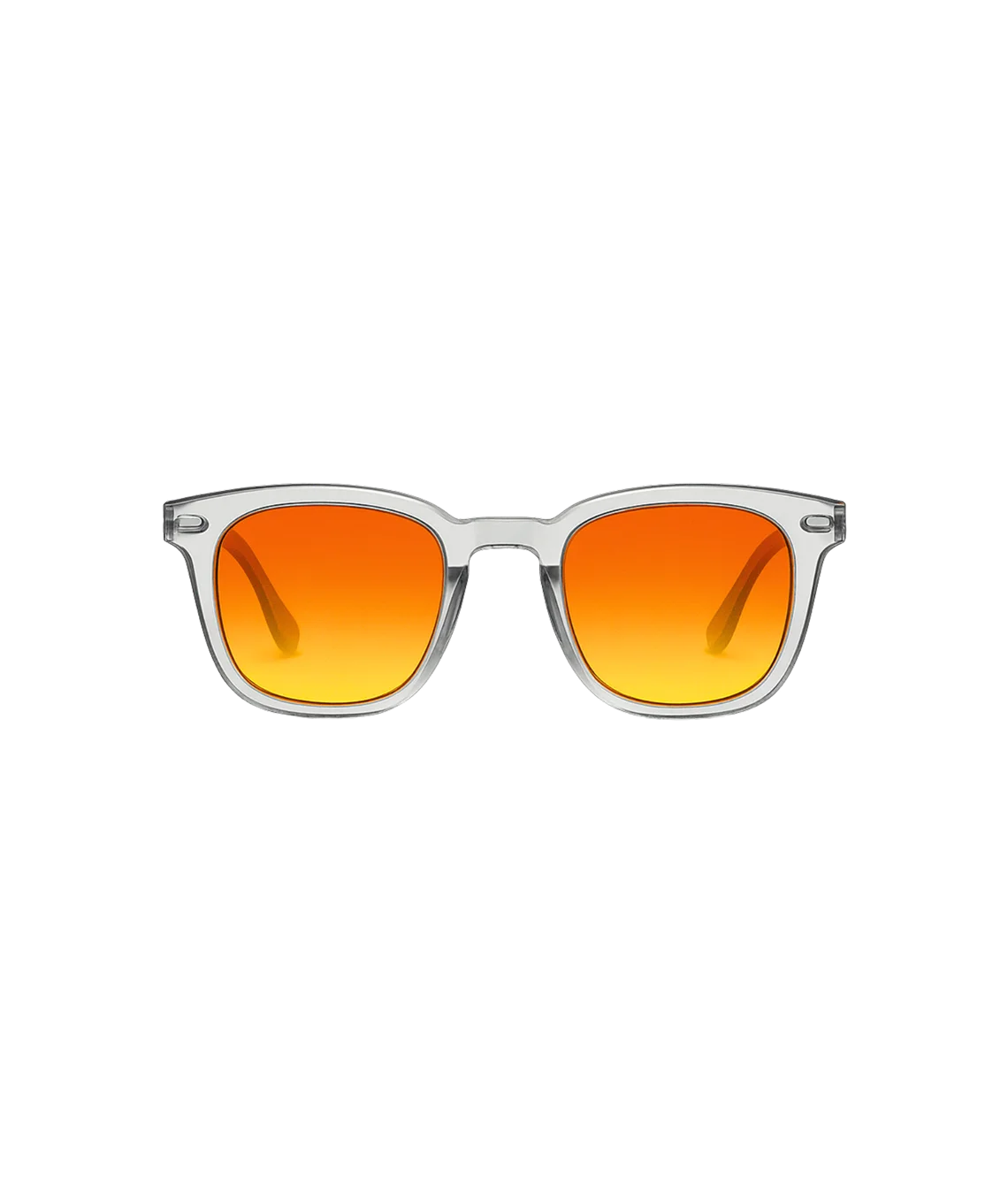 A pair of square sunglasses with a translucent clear frame and vibrant orange-to-yellow gradient lenses, shown against a solid white background.