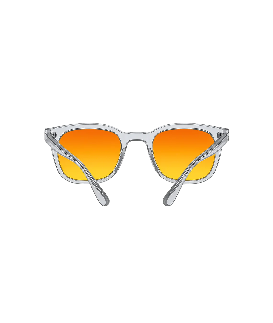 A pair of square sunglasses with a translucent light gray frame and vibrant orange-to-yellow gradient lenses, shown against a plain white background.