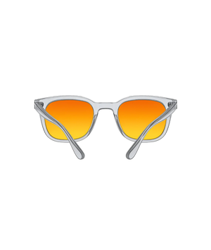 A pair of square sunglasses with a translucent light gray frame and vibrant orange-to-yellow gradient lenses, shown against a plain white background.