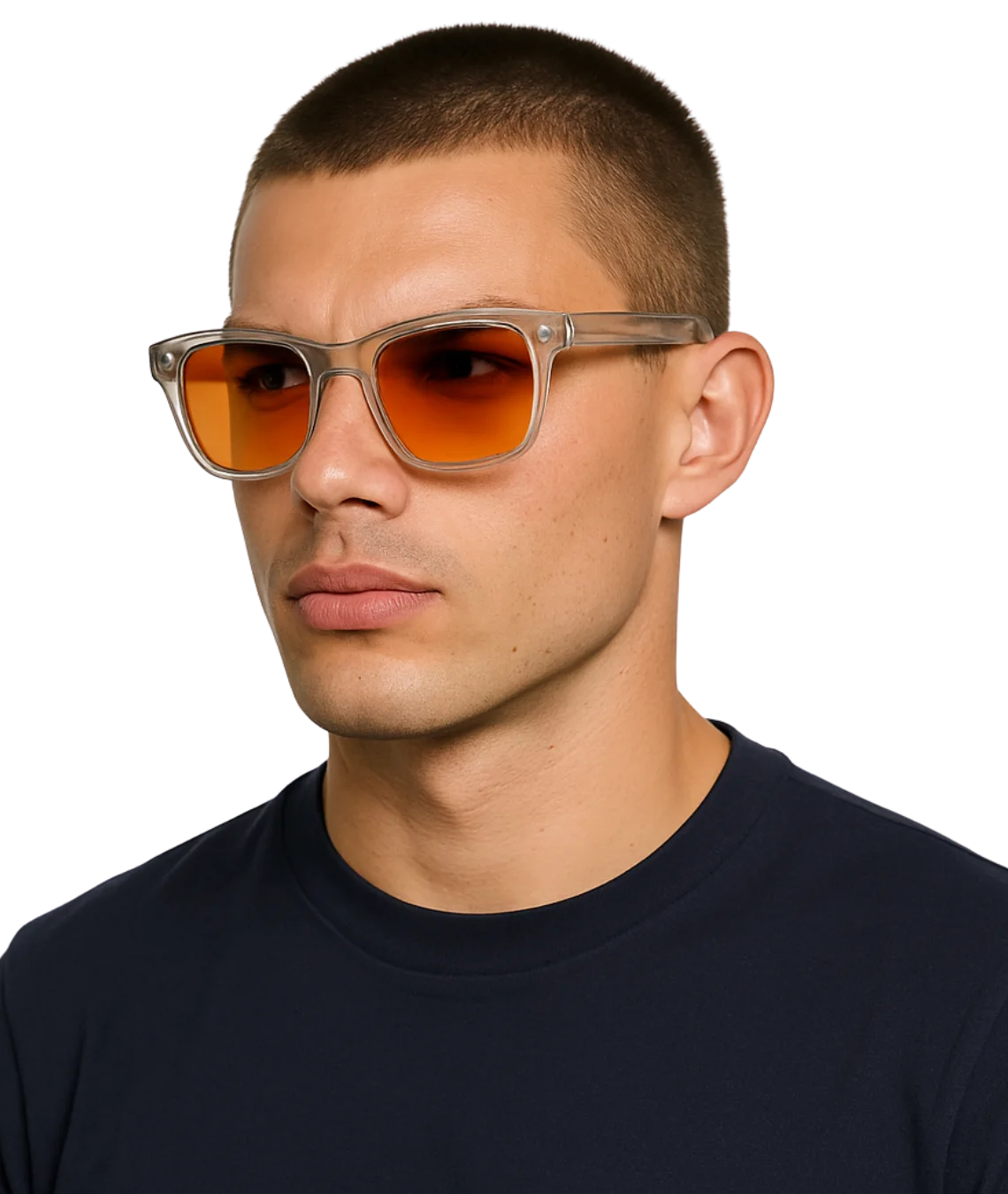 A man wearing translucent square sunglasses with orange-tinted lenses and silver metal hinges, paired with a dark navy crewneck t-shirt against a plain white background.
