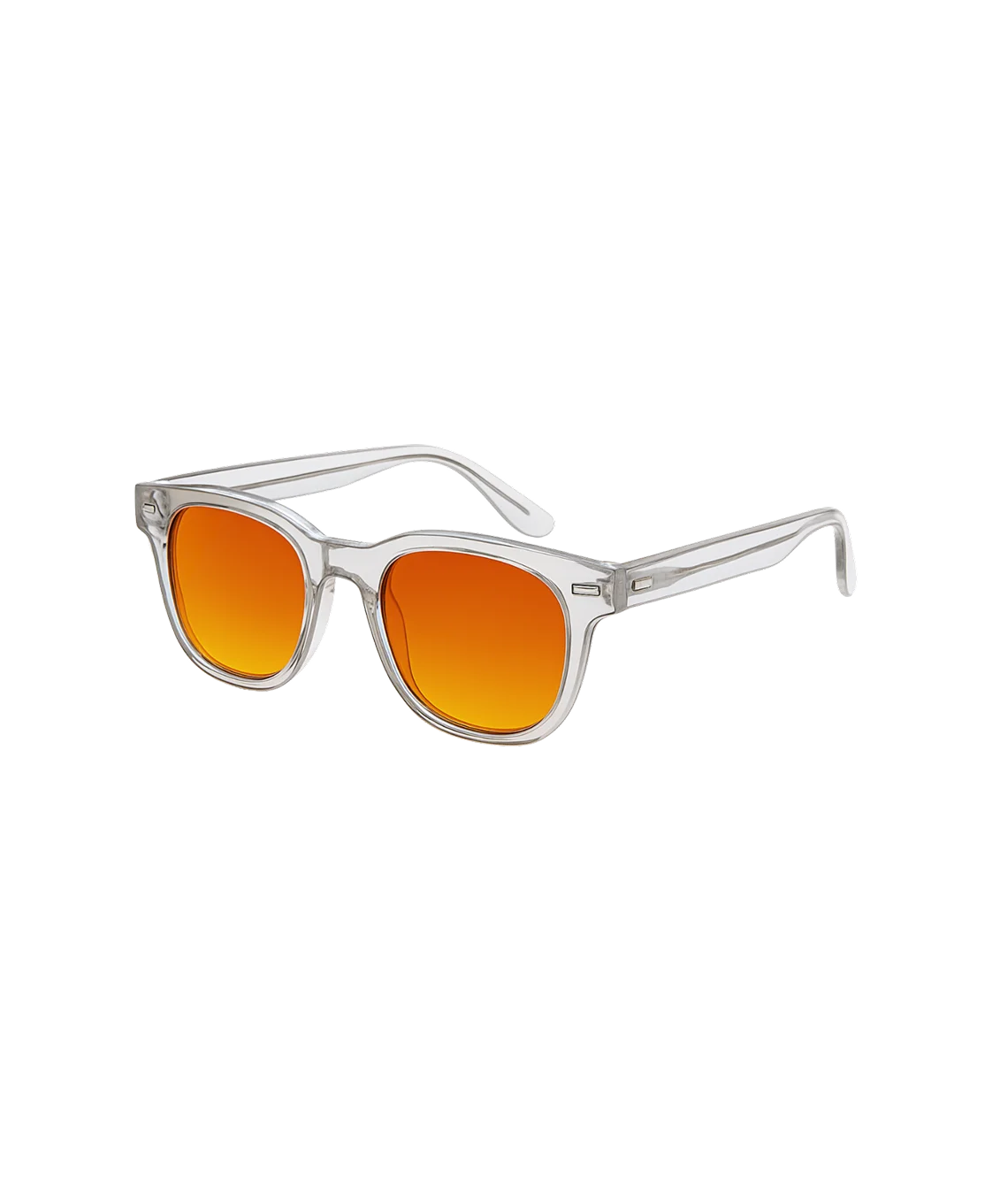 Clear-framed sunglasses with orange-to-yellow gradient lenses, shown on a plain white background.