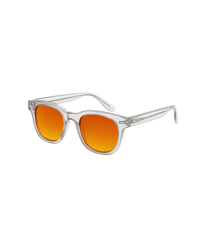Clear-framed sunglasses with orange-to-yellow gradient lenses, shown on a plain white background.