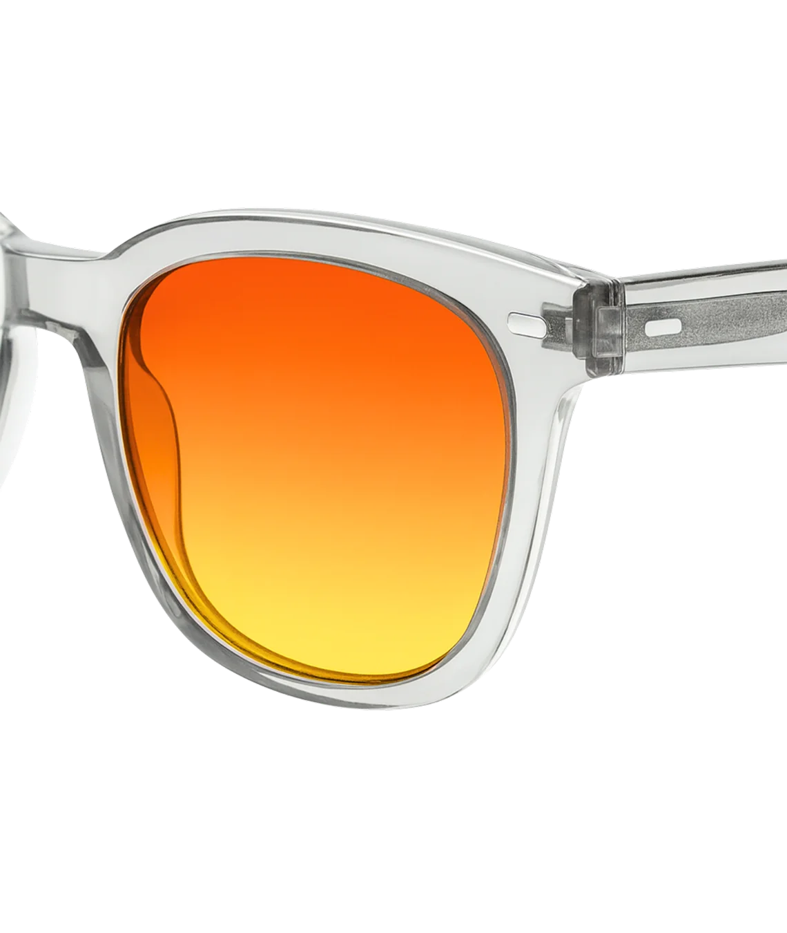 Close-up of a pair of sunglasses with a clear transparent frame and a square-shaped orange-to-yellow gradient lens, shown against a white background.