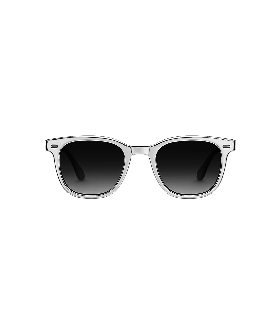 A pair of classic-style sunglasses with a translucent silver frame and dark gradient lenses, shown against a plain white background.