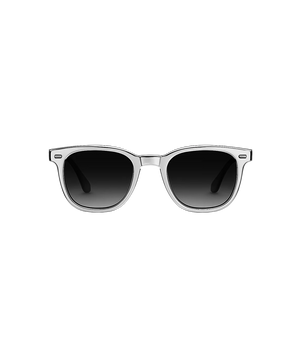 A pair of classic-style sunglasses with a translucent silver frame and dark gradient lenses, shown against a plain white background.
