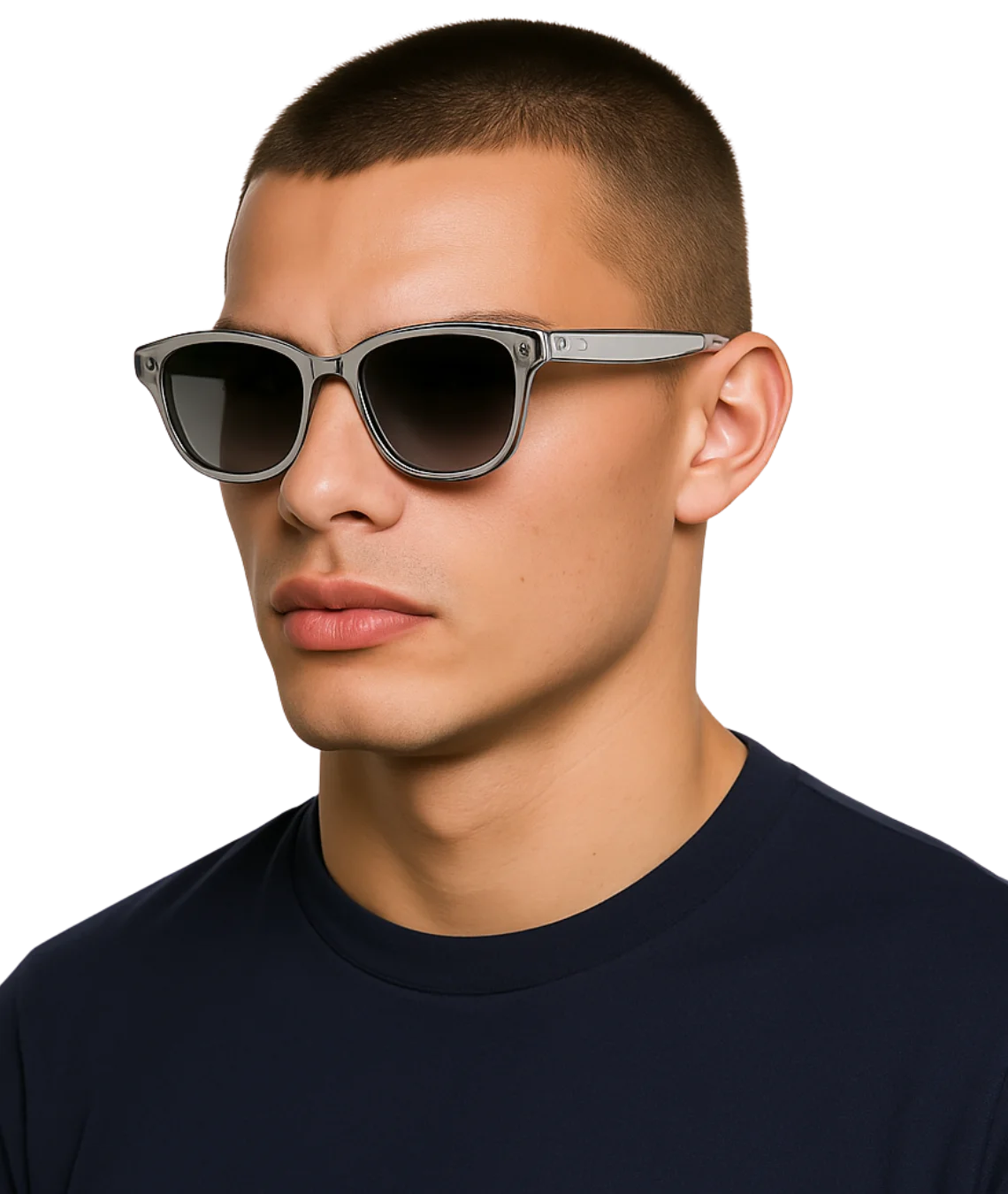 A close-up of a man wearing square sunglasses with a translucent gray frame and dark lenses, paired with a dark navy t-shirt against a solid white background.
